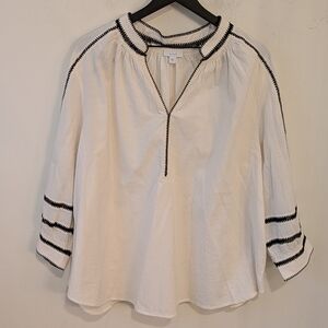 J. Jill Pure Jill Women's White Black Embroidered Cotton Boho Peasant Blouse 2X